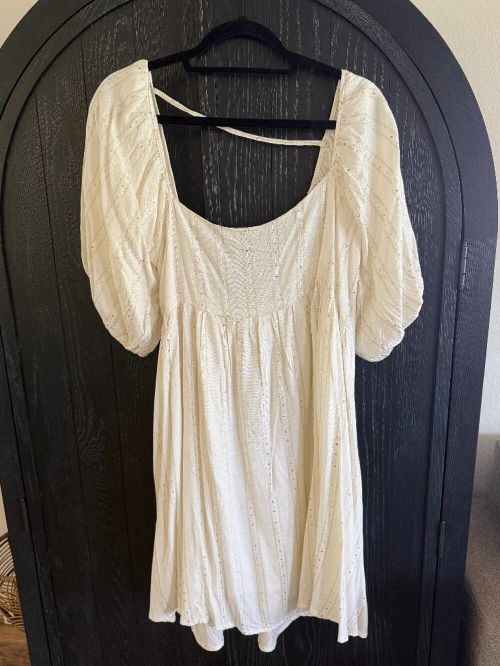 By Together Ivory Metallic Stripe Puff Sleeve Mini Dress L